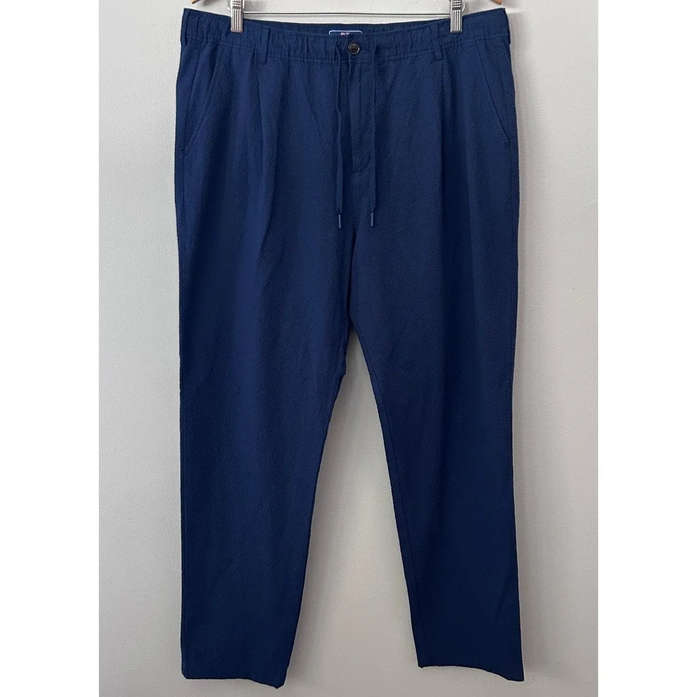 Vineyard Vines Pants Mens XL Navy Blue Seersucker Pleated Elastic Waist Tapered